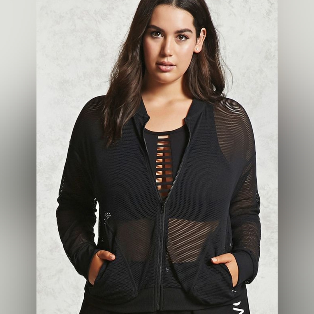 NWOT Forever 21+ Black Mesh Zip Up- Long Sleeve